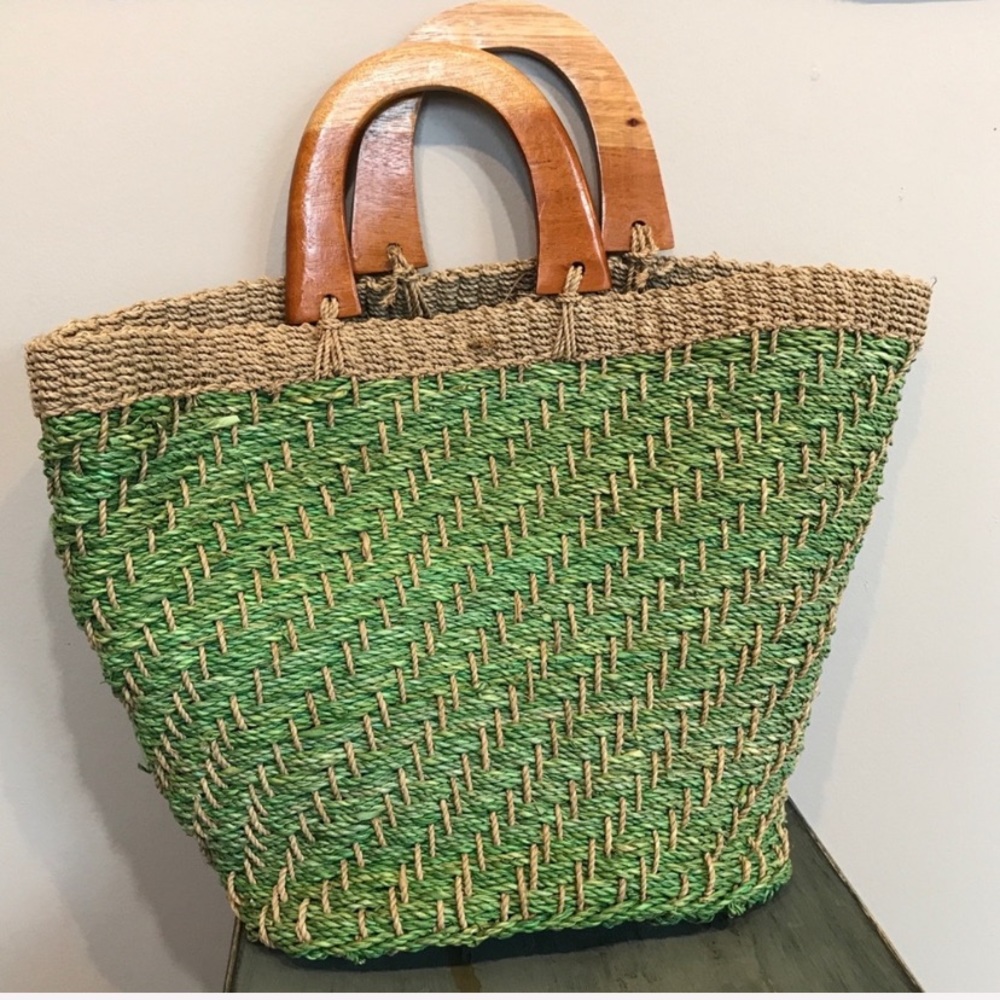 Vintage Woven Jute Bag With Wood Handles
